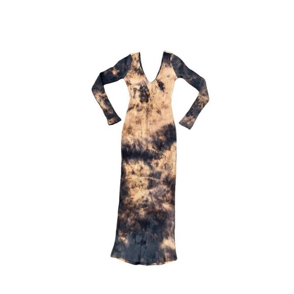 Capsulle Women’s Blue and Tan Tie Dye Bodycon Stylish Maxi Dress Size L New. - Picture 2 of 10